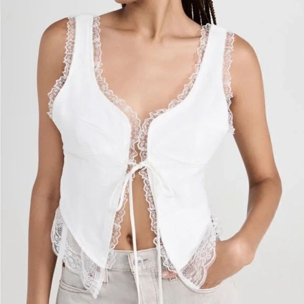 Micas Romantic White Lace Trim Crop Top Tie Front Boho Chic Summer Blouse S